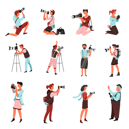 Photo camera and photographers men and women with isolated male and female characters vector shooting or photographing paparazzi or journalists tripod and bags with spare lenses photography and shots.のイラスト素材