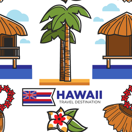 Hawaii travel destination seamless pattern bungalow and palm treeのイラスト素材