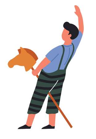 Rider or cowboy child playing game toy horse head on stick seamless pattern vector isolated male character boy and animal toy equestrian imagination and entertainment childhood kid having fun.のイラスト素材