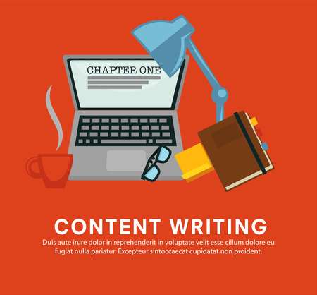 Content writing laptop with notebook and glasses lamp vector cup of coffee hot beverage in mug and pages for writing ideas screen of computer with information on monitor flat style poster with text.のイラスト素材