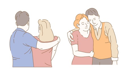Embrace son and mother husband and wife hugging isolated male and female characters vector family or couple front and back view relationship friendship and love closeness and affection feelings.のイラスト素材