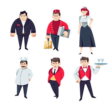 Restaurant and resort hotel staff vector security and bellboy or porter with suitcases maid and chef or cook receptionist or manager and waiter with tray workers in uniform service men and women.のイラスト素材