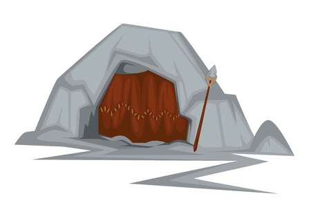 Cave stone age primitive people dwelling prehistoric building vector isolated hut with animal skin curtain and spear weapon anthropology and paleontology history hole in rock or tunnel evolution.のイラスト素材