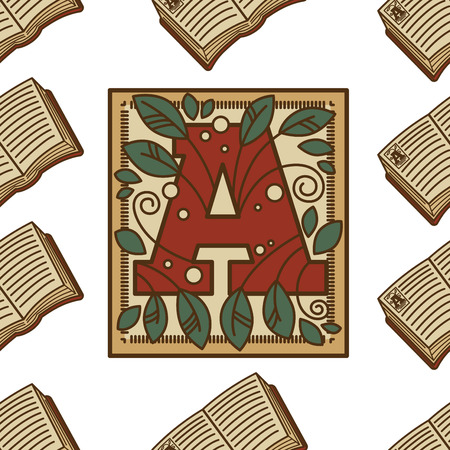 Manuscript and ancient lettering open book seamless pattern vector capital letter on page writing textbook or volume history and heritage typography vintage poetry character and leaves ornament.のイラスト素材