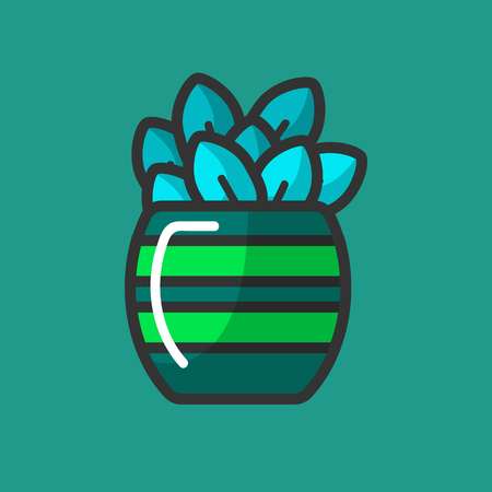 Interior decor indoor plant potted flower in striped ceramic glossy pot vector botany and cultivation vegetation hobby growing botany and ecology fresh air plantation windowsill house decoration.のイラスト素材