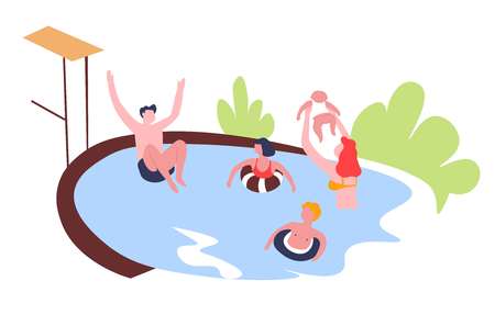 Summer family in swimming pool outdoor activity leisure pastime vector children with lifebuoys mother with newborn baby and father jumping in water recreation summertime vacation and holidays.のイラスト素材