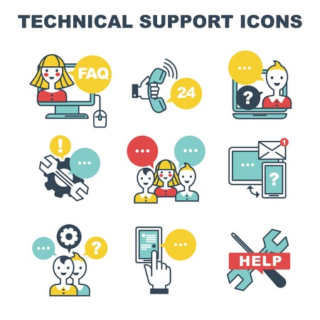FAQ and online help call center and settings technical support isolated vector icons computer monitor and receiver wrench and cogwheel operator smartphone and envelope informative aid web chat.のイラスト素材