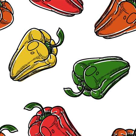 Red green and yellow sweet pepper vegetables seamless pattern vector isolated on white background different kinds of veggie colored fruits ingredients for meals and dishes uncooked production.のイラスト素材