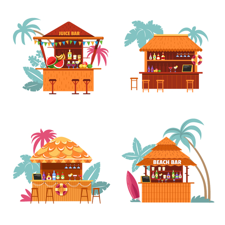 Juice bar and place to buy alcoholic beverage tropics style vector isolated set of bungalow for clients to drink tropical sweet cocktail palms trees and signs bottles and lifebuoy decor on counter.のイラスト素材