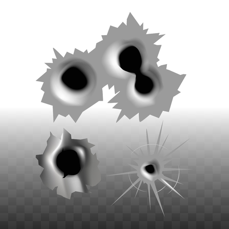 Damaged surface bullet hole glass cracks and metal or wall isolated on transparent vector shotのイラスト素材