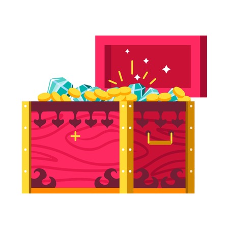Gold coins and gemstones treasures chest money and diamonds isolated wooden container brilliants and lock fairy pirate or king wealth and riches medieval ancient object adventure and discovery.のイラスト素材