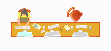 Woman secretary or clerk office top view workplace computers and chair papers and eyeglasses modern gadget or smartphone work and occupation table or desktop isolated furniture and clerk typing.のイラスト素材
