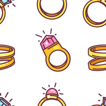Engagement and wedding rings jewelry seamless pattern gold accessory vector proposal and marriage gemstone or precious stone endless texture pink diamond or brilliant bridal gift wallpaper print.のイラスト素材