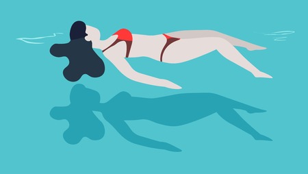 Girl in bikini woman in swimsuit swimming in pool on back vector female character relaxing in water summer sport and outdoor activity resort lying on liquid surface recreation and weekend or vacation.のイラスト素材