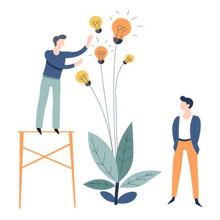 Business or startup growing and collecting ideas concept office worker and plant with light bulbs...