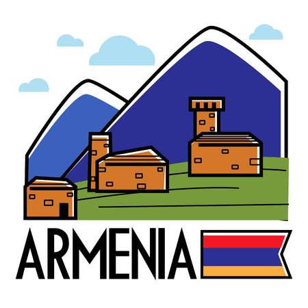 Ancient Armenian buildings in mountains Armenia traveling and tourism vector nature and architecture mounts and brick constructions national flag landscape or view journey or trip to Caucasus.のイラスト素材