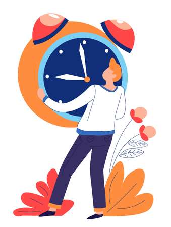Alarm clock and man time concept isolated abstract icon vector deadline and time management business and advance planning waiting or aging plant and male character holding dial with hands evening.のイラスト素材