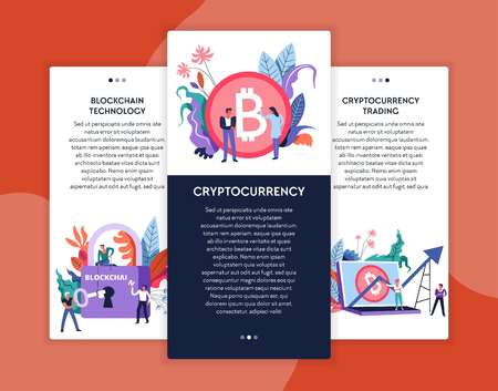 Blockchain technology and cryptocurrency trading online business web pages templates vector money earning through laptop or computer mining and exchange profit graphic key and lock Internet site.のイラスト素材