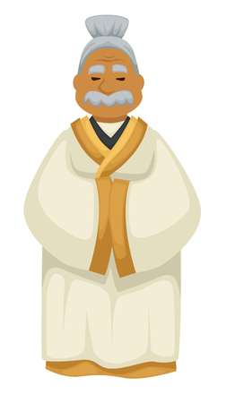 Elderly sensei Japanese old man in kimono with mustache vector isolated male character in robe with hair bunch travel to Japan tourism and culture attraction and sightseeing nationality wisdom.のイラスト素材
