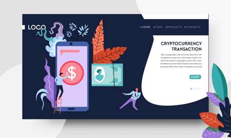 Mobile app cryptocurrency transaction web landing page template vector digital money cash and bitcoin online business and finance Internet site earning or mining currency transferのイラスト素材