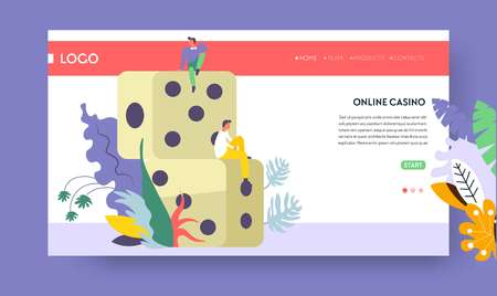 Dice gambling online casino online web page template vector gaming cubes Internet site template blackjack and poker betting and staking money win fortune and luck game tournament and championship.のイラスト素材