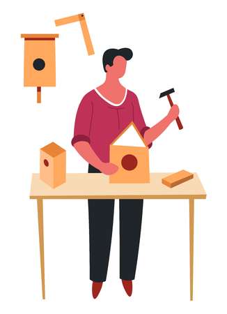 Carpentry or construction male hobby birdhouse building isolated character vector wooden birds dwelling or feeder hammer nd table skill and leisure pastime entertainment or activity details assembly.のイラスト素材