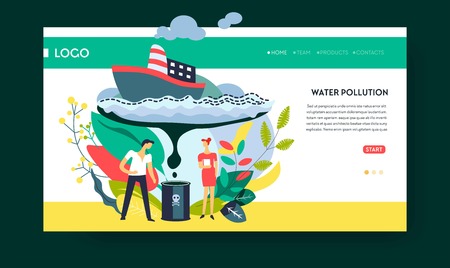 Oil and fuel stain water pollution ship freighter web page template vector toxic waste ecology and environment contamination fairy dirt ecological problem polluted ocean and sea Internet site.のイラスト素材