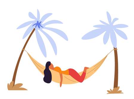Summer vacation woman lying in hammock under palm trees isolated female character relax and recreation beach resort girl on tropical island traveling and tourism holidays paradise journey or trip.のイラスト素材