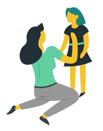 Family mother and daughter dressing up isolated female characters vector bringing up child little girl in dress mom on knees parent and kid growing up love and care leisure activity mommy and infant.のイラスト素材