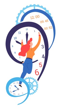 Time management and deadline clock dial and hands gil changing hour vector isolated female character productivity and advanced planning hurry and business work and job minutes and seconds cogwheels.のイラスト素材