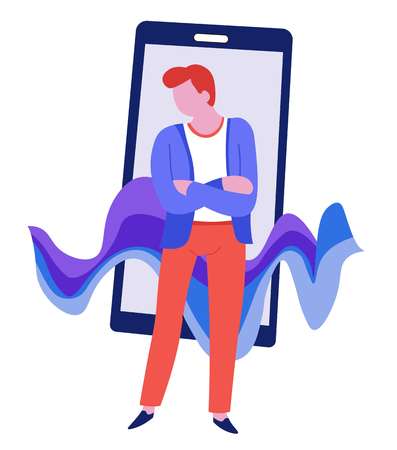Music listening sound wave man and modern gadget smartphone vector isolated male character equalizer...