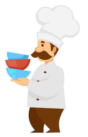 Chef or cook in uniform with bowls pile vector isolated male character kitchen worker and dishware culinary and cooking man with mustaches profession or occupation uniform and hat restaurant or cafe.のイラスト素材