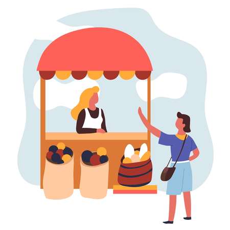 Vendor in apron and customer or buyer market farm fruits selling vector women and sacks of organic food seller standing at wooden stall with tent fresh nutrition shopping cooking ingredients.のイラスト素材