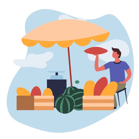 Farm food man selling melons and watermelons market vector fruits or berries under parasol at marketplace organic harvest gardening product mechanic weigher or scales shopping vendor or seller.のイラスト素材