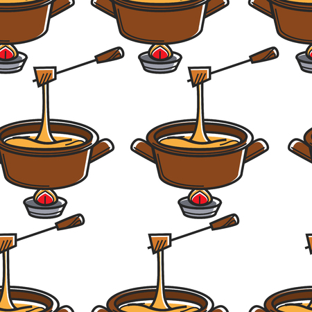 Swiss cheese fondue seamless pattern saucepan and fork vector melting dairy product Switzerland traditional cuisine dish or snack endless texture traveling and tourism national food exploration.のイラスト素材