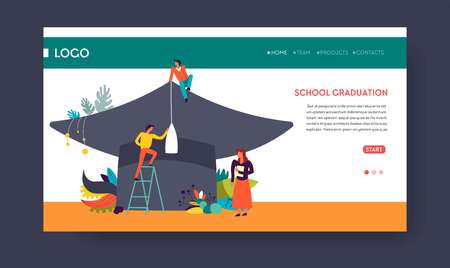 Students and academic hat school graduation web page template vector education and knowledge degree receiving course or training online distant learning or training Internet site mockup headdress.のイラスト素材