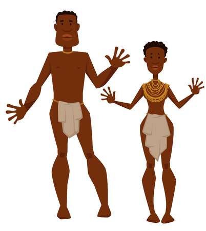 African tribe man and woman aborigines in animal skin and jewelryのイラスト素材
