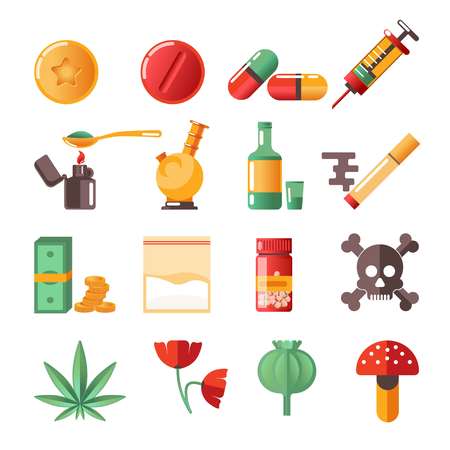 Marijuana and heroine drugs addiction cocaine and ecstasy vector pills and poppy seeds hallucinogenic mushrooms syringe and cigarette inhaler death and disease risk money spoon and lighter medication.のイラスト素材