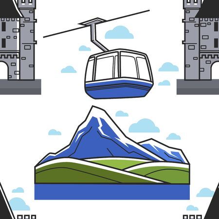 Swiss landscape castle and funicular seamless pattern landmarks and sightsのイラスト素材