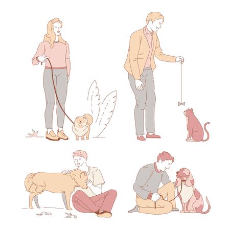 People with pets owners and dogs or cat walking on leash in parkのイラスト素材