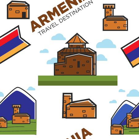 Armenian architecture and nature mountains and national flag seamless patternのイラスト素材