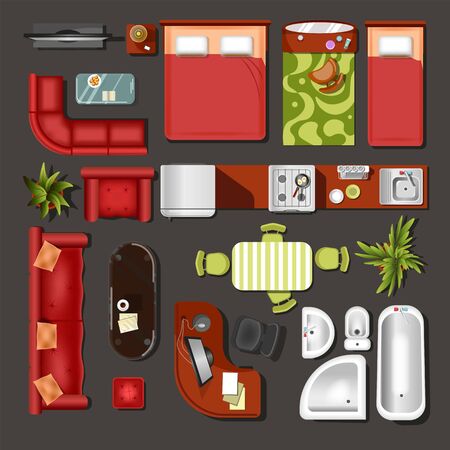 Furniture top view house interior elements and decorのイラスト素材