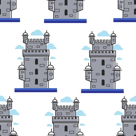 Portugal brick tower architecture and landmark seamless patternのイラスト素材