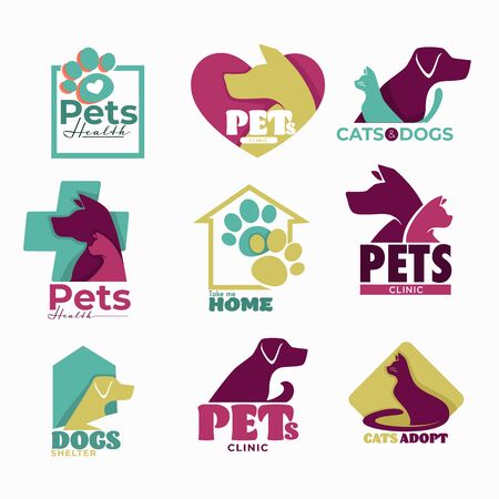 Dog and cat pets vet clinic and shelter isolated icons vector treatment and veterinarian medicine domestic animals healthcare love and care emblems and logo paw print and heart cross and house.のイラスト素材
