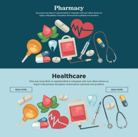 Pills and blood donation pharmacy and healthcare web pages templates vector heart rate and stethoscope syringe and tooth implant enema medicine and treatment online aid or help Internet site mockups.のイラスト素材