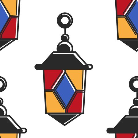 Moroccan symbol seamless pattern lantern vector lamp of color glass and metal corpus lighting and light ancient interior decor endless texture traveling and tourism wallpaper print east country.のイラスト素材