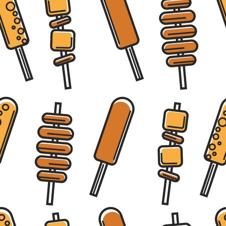 Street food Korean cuisine seamless pattern meat potato and cheese on skewer vector deep fried meals endless texture culinary recipes and cooking dishes on sticks wallpaper print traveling and tourism.のイラスト素材