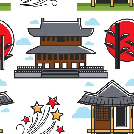 Building sunset plant and stars seamless pattern Korean architecture vector construction temple red sun and bamboo endless texture Korea culture traveling and tourism wallpaper print journey.のイラスト素材