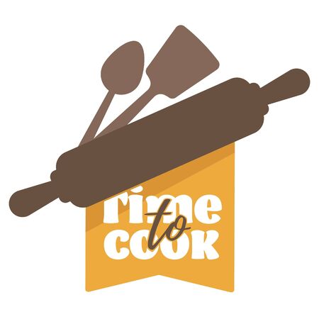 Kitchenware tools time to cook isolated icon learning cooking vector rolling pin spatula and spoon culinary and cuisine dishes recipes teaching and studying education and household classes or workshop.のイラスト素材
