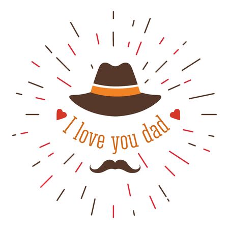 Dad holiday or Fathers day isolated icon family member or parent love and appreciation vector retro mustache and hat hearts daddy greeting and congratulation headdress emblem or logo celebration.のイラスト素材